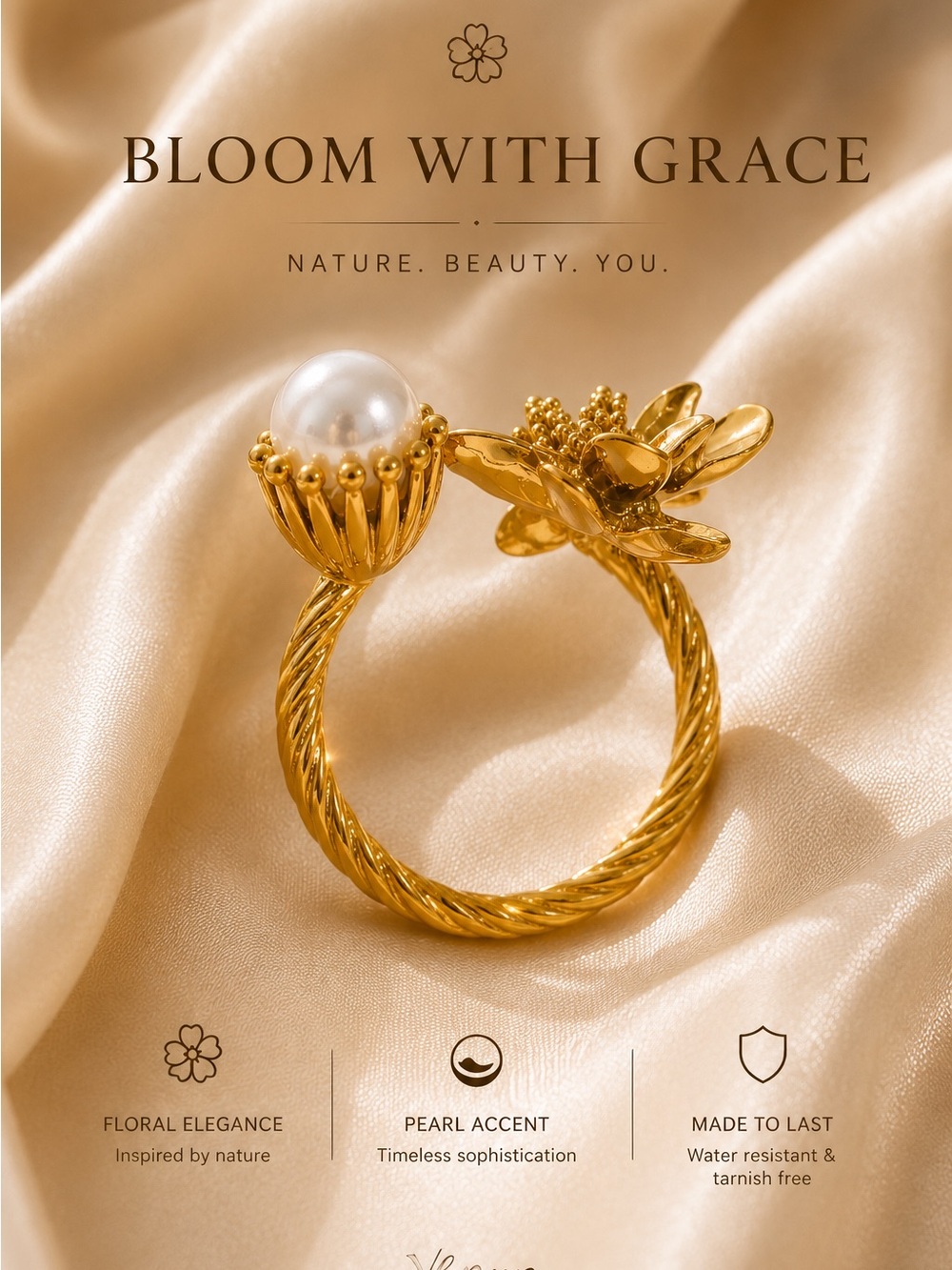 Gold plated Floral Pearl Open Ring - Picture 4 of 7
